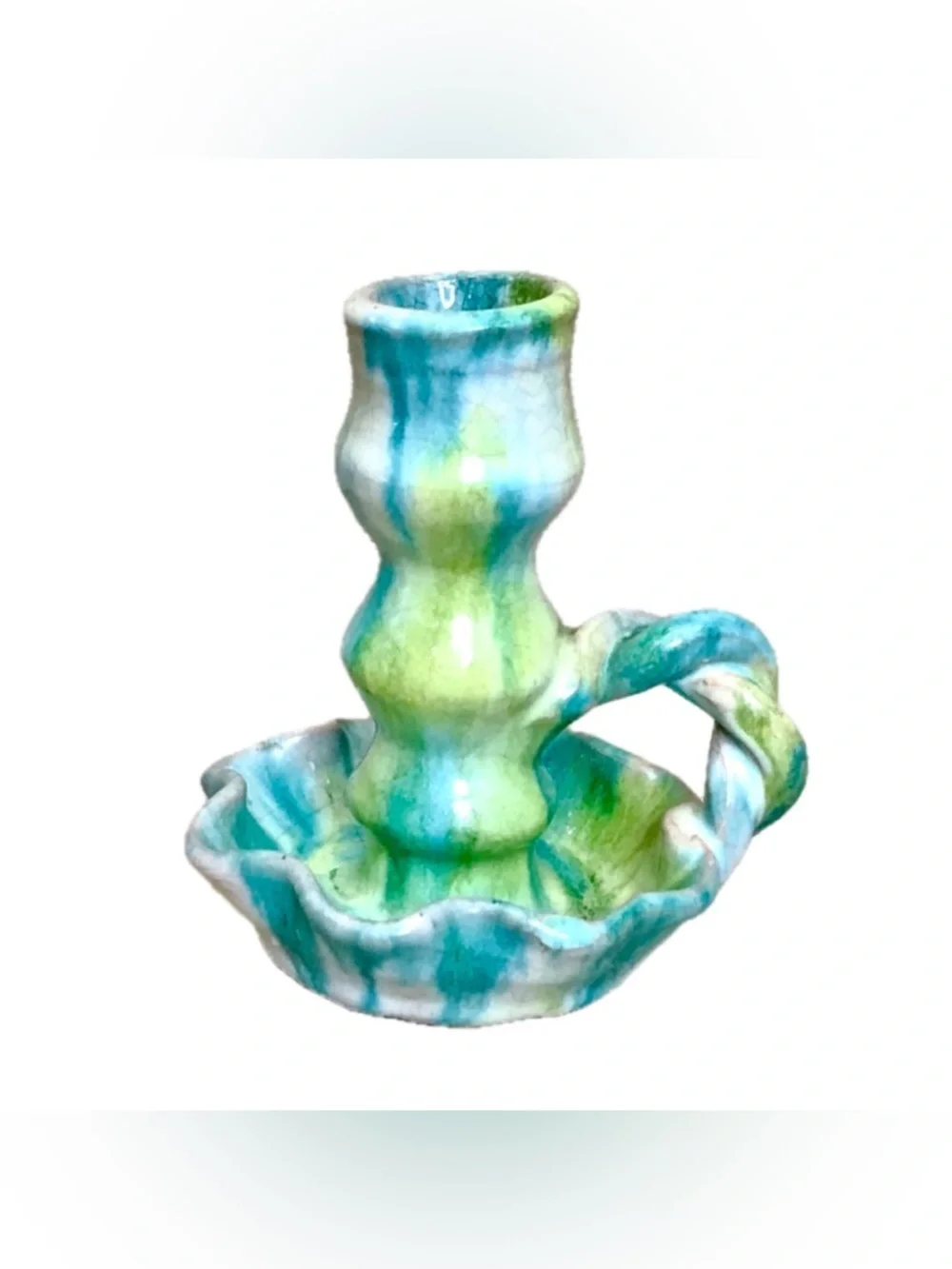 Vintage Williamsburg Pottery Blue Green Twist Chamberstick Taper Candle Holder
